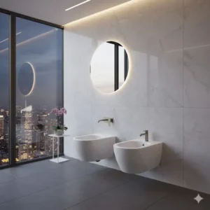 Space-saving wall-mounted artistic bidet for exclusive bathrooms overlooking a city skyline.