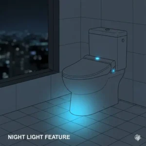 Illustration of the blue LED night light glowing from a bidet toilet seat with heated water in the dark.