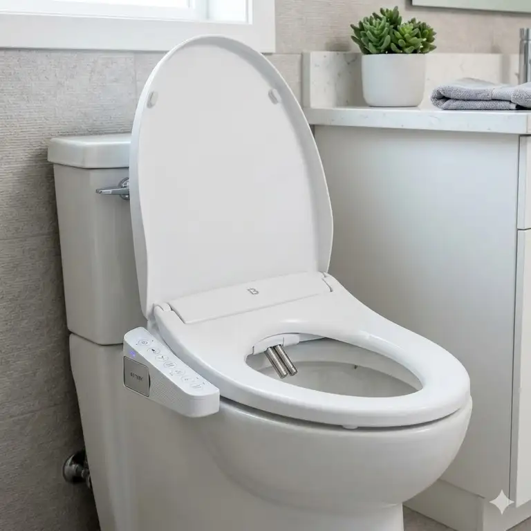 A luxury bathroom setup featuring a high-quality battery bidet toilet seat installed on a white toilet.
