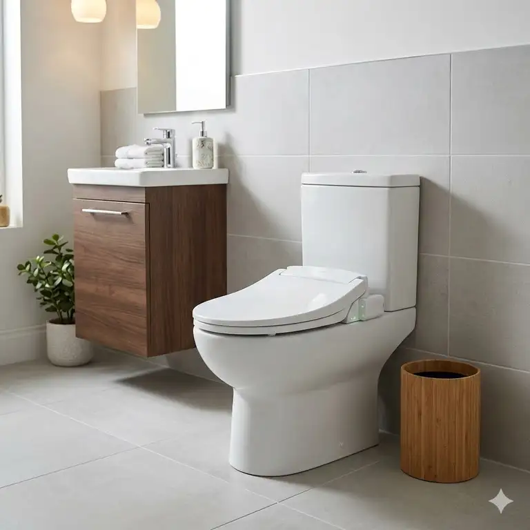 A luxury bathroom setting featuring the modern installation of battery powered heated toilet seats for ultimate comfort.