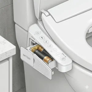 Close-up technical illustration showing the easy-access side battery compartment of the battery bidet toilet seat.
