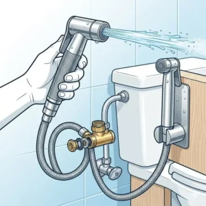 An illustration showing a user operating a handheld bidet faucet sprayer in a contemporary bathroom setting.