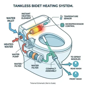 Internal diagram showing the instant heating mechanism of a tankless bidet toilet seat.