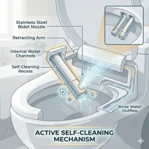 Detailed diagram showing the internal rinsing mechanism of a self cleaning bidet seat.