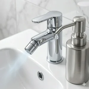Close-up illustration showing the precision nozzle of a bidet with soap dispenser for targeted cleaning.
