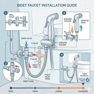 Illustration 1: Detailed step-by-step installation diagram showing how to connect a bidet toilet faucet to the water supply.