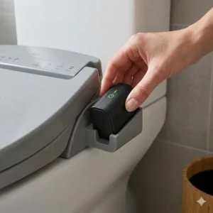 A close-up showing the removable rechargeable battery pack used in battery powered heated toilet seats.