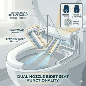 Illustration of the dual nozzle system designed for a high-quality self cleaning bidet seat.