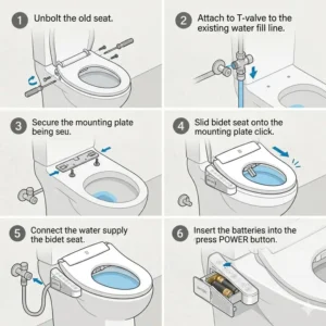 Step-by-step DIY installation diagram for a non-electric battery bidet toilet seat without professional plumbing.