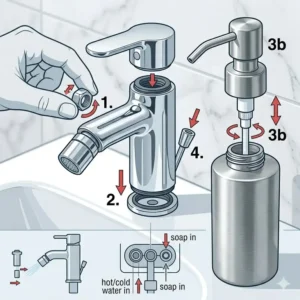 Step-by-step diagram showing how to properly install and connect a bidet with soap dispenser in a home bathroom.
