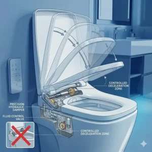 Close-up diagram of a luxury toilet seat featuring a quiet soft-close hinge system to prevent slamming.