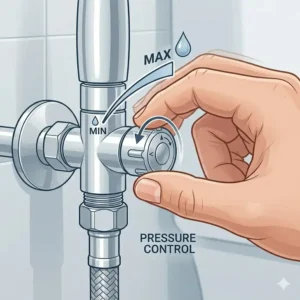 Illustration 2: Close-up illustration of a hand adjusting the water pressure on a handheld bidet toilet faucet.