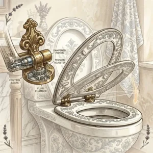 Close-up of a soft-close french toilet seat showing the slow-release hinge mechanism.