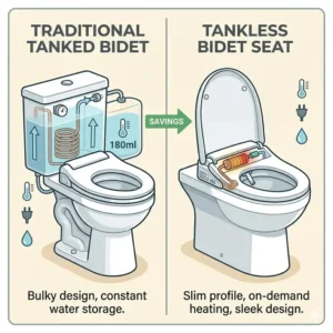 Side-by-side comparison of a bulky bidet versus a slim tankless bidet toilet seat.