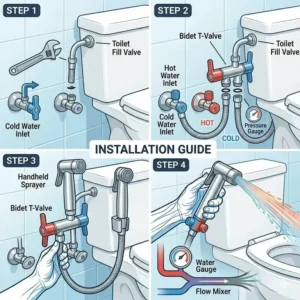 A detailed illustration of a bidet faucet with dual temperature control knobs.