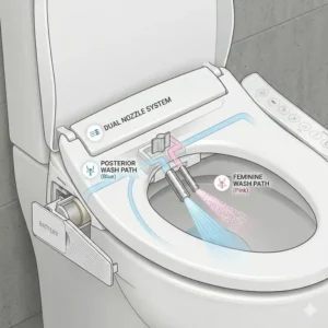 Detailed graphic of the hygienic dual nozzle cleaning system found in this battery bidet toilet seat model.