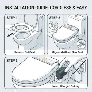 A step-by-step installation diagram showing how to set up cordless battery powered heated toilet seats without an outlet.