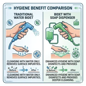 A comparative hygiene chart illustrating the cleaning effectiveness of using a bidet with soap dispenser versus water alone.