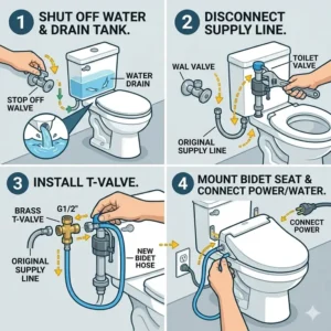 A four-step illustration for the easy installation of a tankless bidet toilet seat.