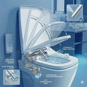 Detailed illustration of a self-cleaning stainless steel nozzle on a luxury toilet seat with bidet functions.