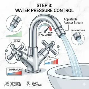 Ảnh minh họa 3: Graphic showing the adjustable water flow and temperature control of a dual-handle bidet faucet set.