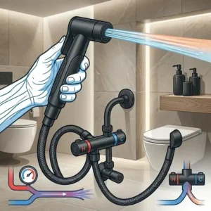 An illustration depicting a wall-mounted bidet faucet system for a clean, professional appearance.