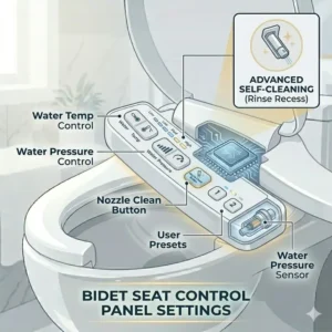 The user interface and side control panel of an electronic self cleaning bidet seat.