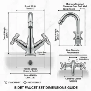 Ảnh minh họa 4: Technical drawing highlighting the standard dimensions and measurement specifications for a bidet faucet set.