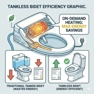 Infographic explaining the energy efficiency and on-demand heating of a tankless bidet toilet seat.