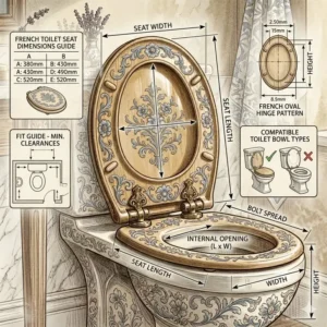 A technical illustration showing how to measure a french toilet seat for a perfect fit.