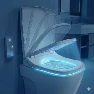 A luxury toilet seat glowing with a soft blue LED nightlight for easy nighttime bathroom navigation.