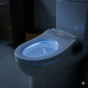 Interior view of a bathroom at night showcasing the built-in LED nightlight on battery powered heated toilet seats.