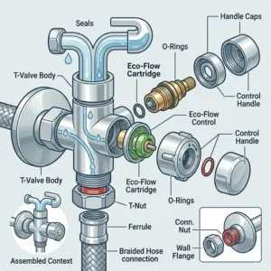 Illustration 4: An exploded view parts diagram of a bidet toilet faucet including the T-valve, hose, and sprayer head.