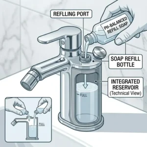 Technical drawing of the integrated refillable reservoir located inside the unit of a bidet with soap dispenser.Technical drawing of the integrated refillable reservoir located inside the unit of a bidet with soap dispenser.