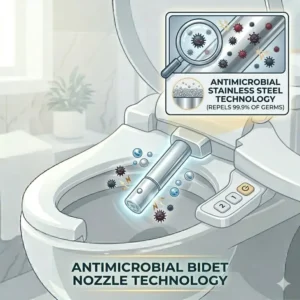 Close-up view of the antimicrobial stainless steel nozzle on a self cleaning bidet seat.