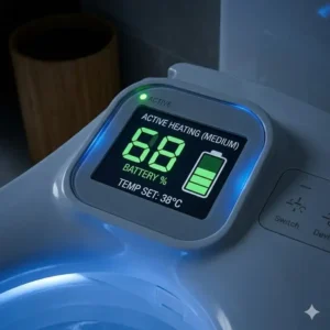 A clear digital display screen showing the remaining battery percentage of battery powered heated toilet seats.