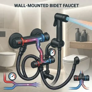 An illustration of a bidet faucet featuring an integrated water pressure regulator for customized comfort.