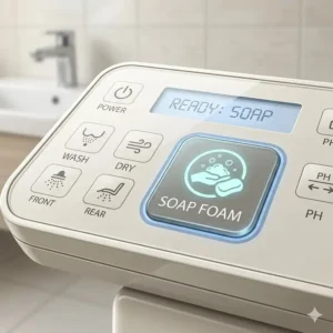 Illustration of the digital touch control panel used to activate the foam function on a bidet with soap dispenser.