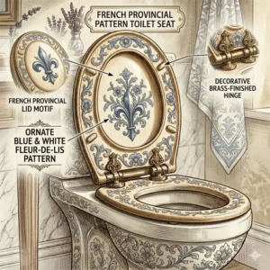 Decorative French provincial style french toilet seat featuring a blue and white fleur-de-lis pattern.