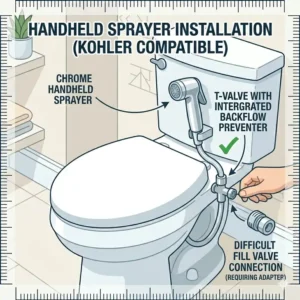 Installing a T-valve and handheld sprayer to find the best bidet for kohler toilet setup.
