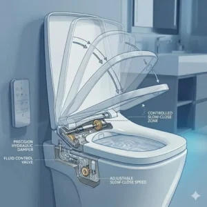 Simple step-by-step illustration showing the easy installation process of a luxury toilet seat.