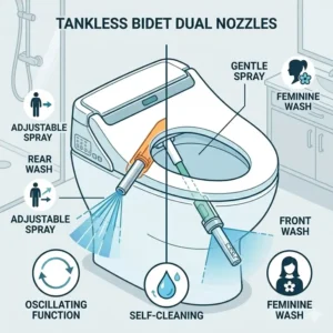 Detailed view of the adjustable self-cleaning dual nozzles on a tankless bidet toilet seat.