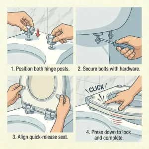 Close-up view of the easy-to-clean quick-release buttons on a french curve toilet seat.