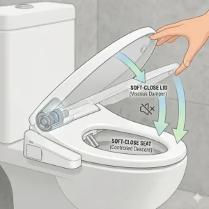 Demonstration of the quiet soft-close lid mechanism on a modern battery bidet toilet seat.