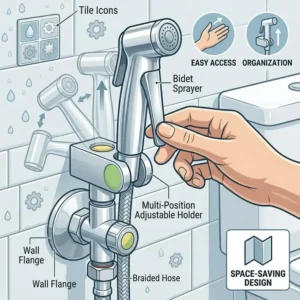 Illustration 5: Illustration of a space-saving wall-mounted holder for a bidet toilet faucet for better bathroom organization.