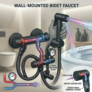A conceptual illustration showing the water saving mechanism within a high-efficiency bidet faucet.