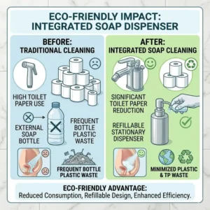 Infographic showing the reduction in toilet paper waste when switching to a sustainable bidet with soap dispenser.