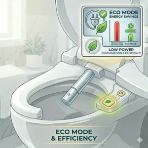 Infographic showing the energy efficiency and eco-mode of a self cleaning bidet seat.