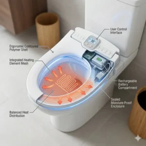 An anatomical diagram of the heating elements and ergonomic structure inside battery powered heated toilet seats.