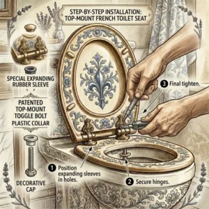 Step-by-step illustration of a top-mount french toilet seat being secured to a ceramic bowl.